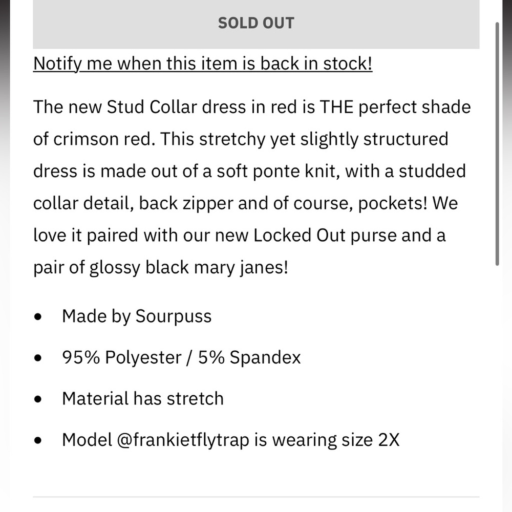 Excellent used condition Sourpuss STUD COLLAR DRESS RED in size XL - Picture 9 of 14